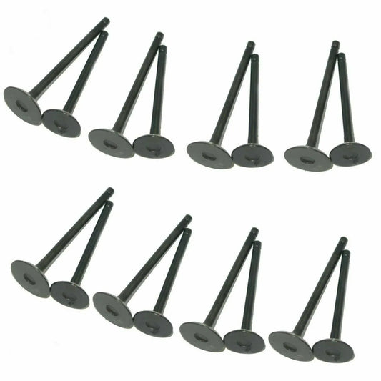 Engine intake and exhaust valve set with metal disc heads and long stems