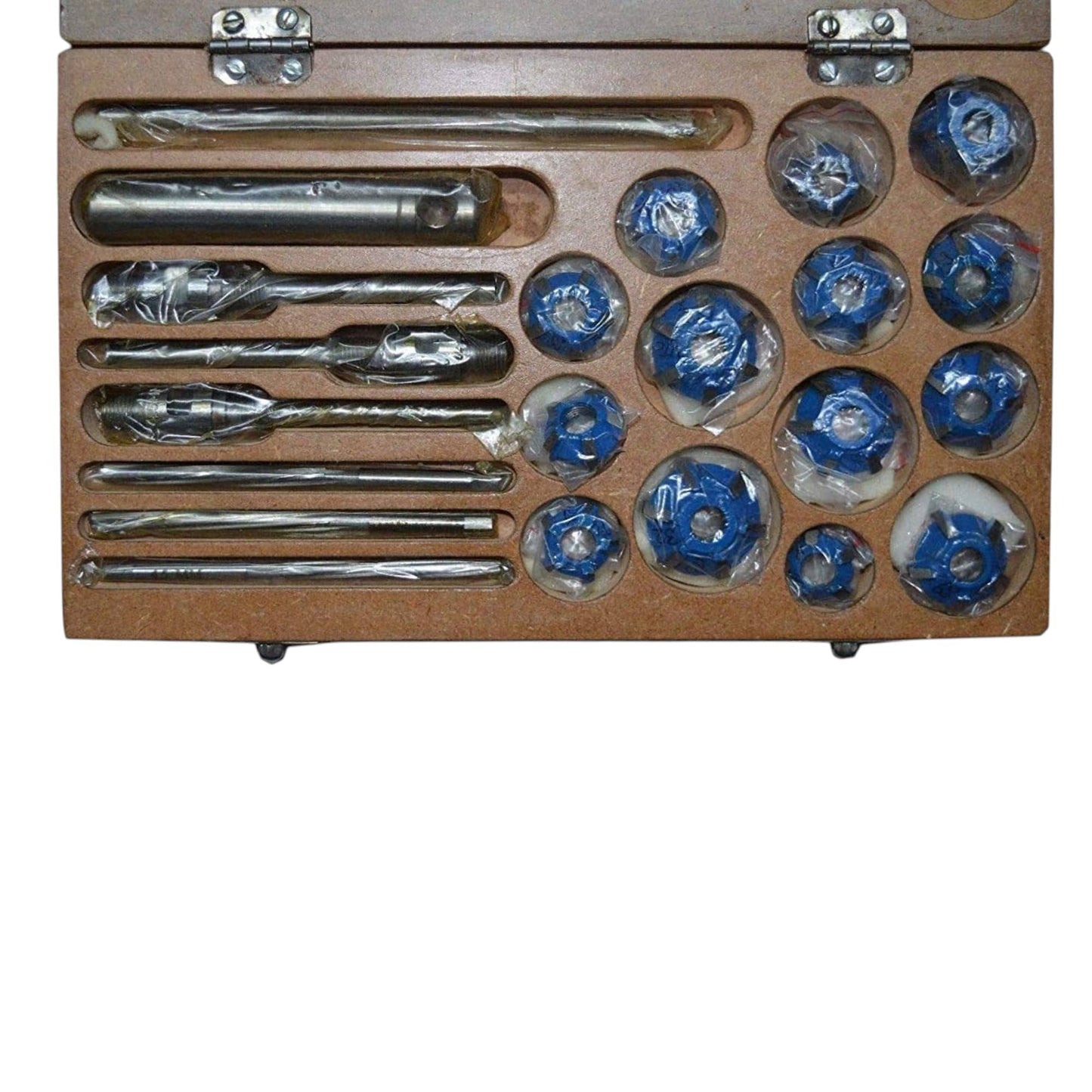 Valve seat cutter set with multiple blue carbide cutters in a brown case