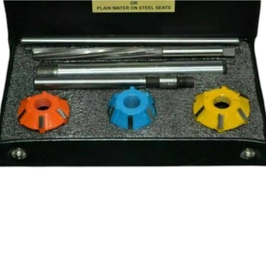 Carbide valve seat cutter set with three color-coded cutters and steel handle for automotive machining