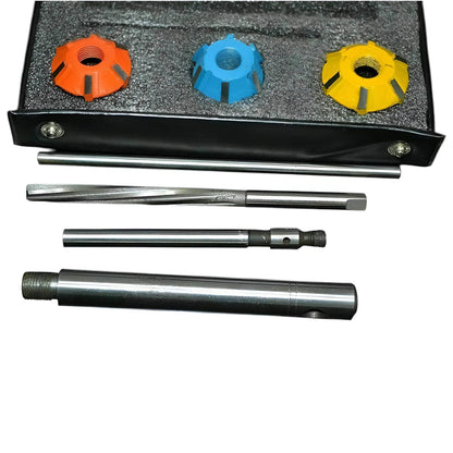Valve seat cutter set with 3 colored cutter heads, two shanks, in storage case