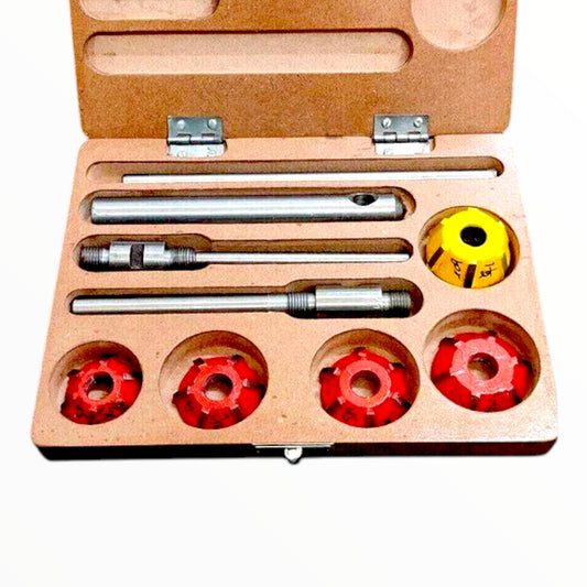 Carbide valve seat cutter set in a protective case with various cutting tools and accessories