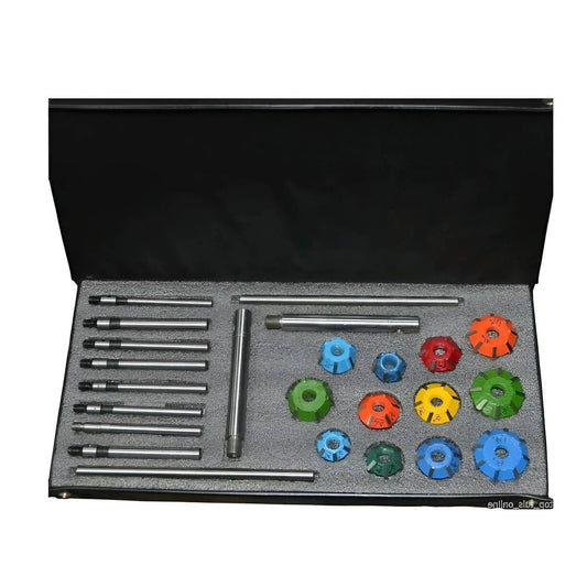 Carbide valve seat restoration kit with various tools and cutters in a protective case for automotive repairs