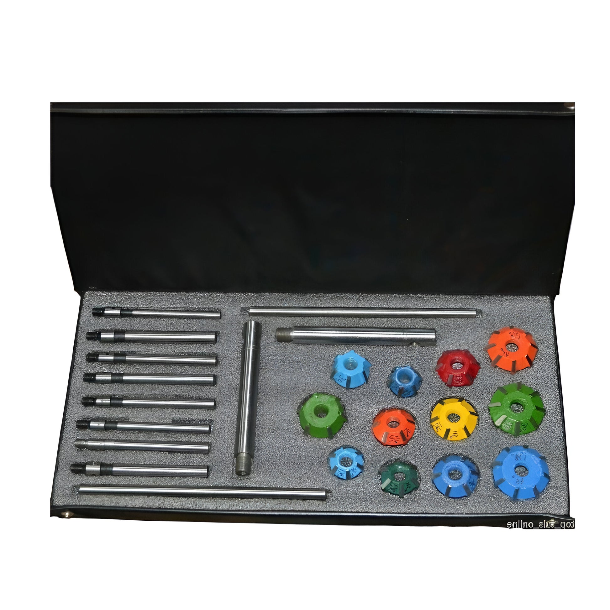 Carbide valve seat restoration kit with various tools and attachments in a protective case