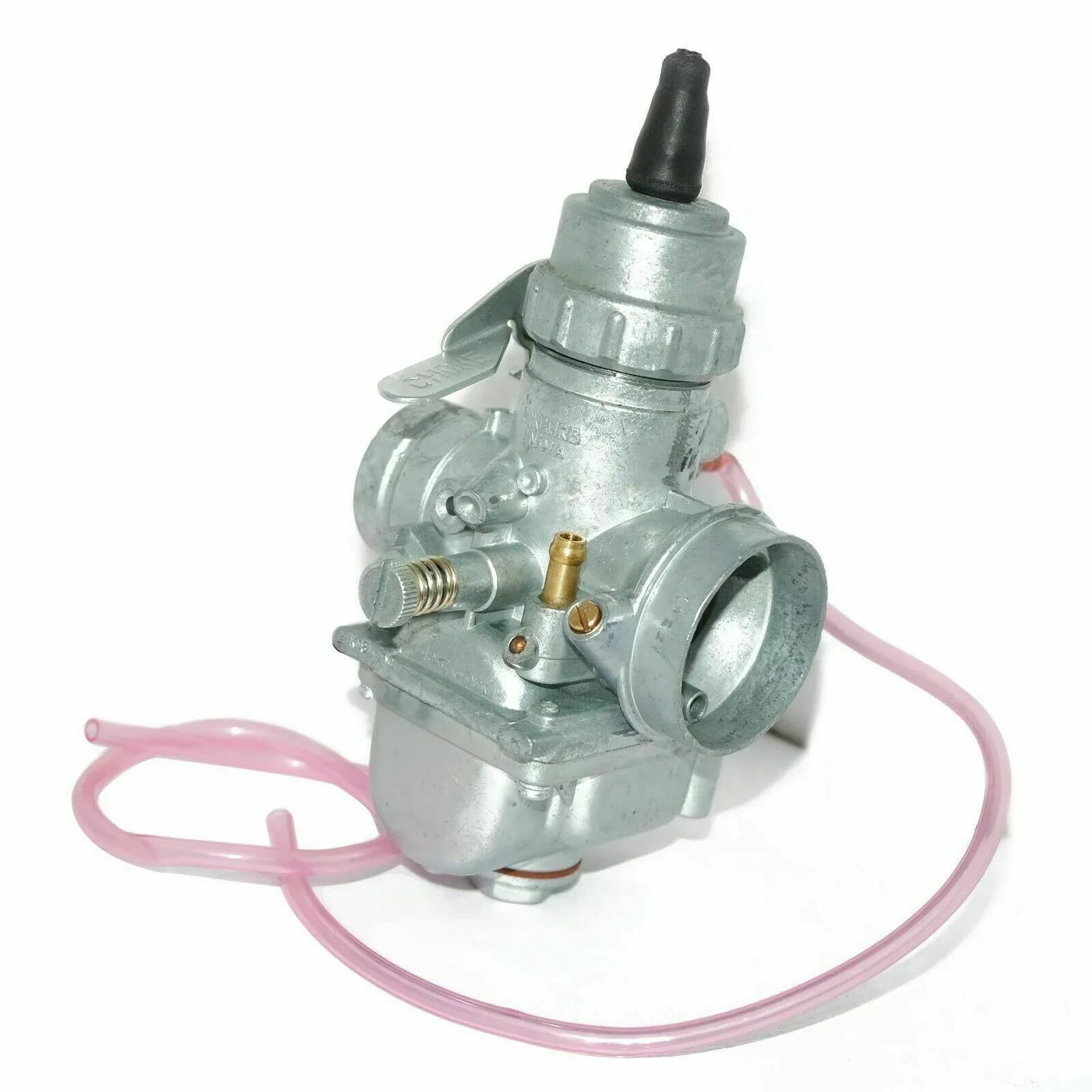 Mikuni VM28 carburetor with aluminum body and pink fuel line for motorcycle performance