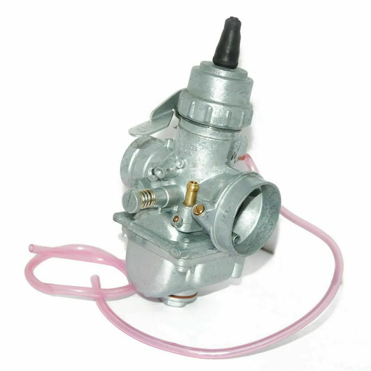Mikuni VM28 carburetor with aluminum body and pink fuel line for motorcycle performance