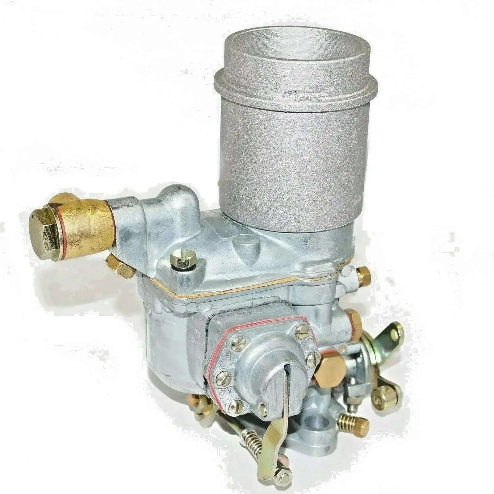 Metal carburetor with cylindrical air intake and brass fuel fittings