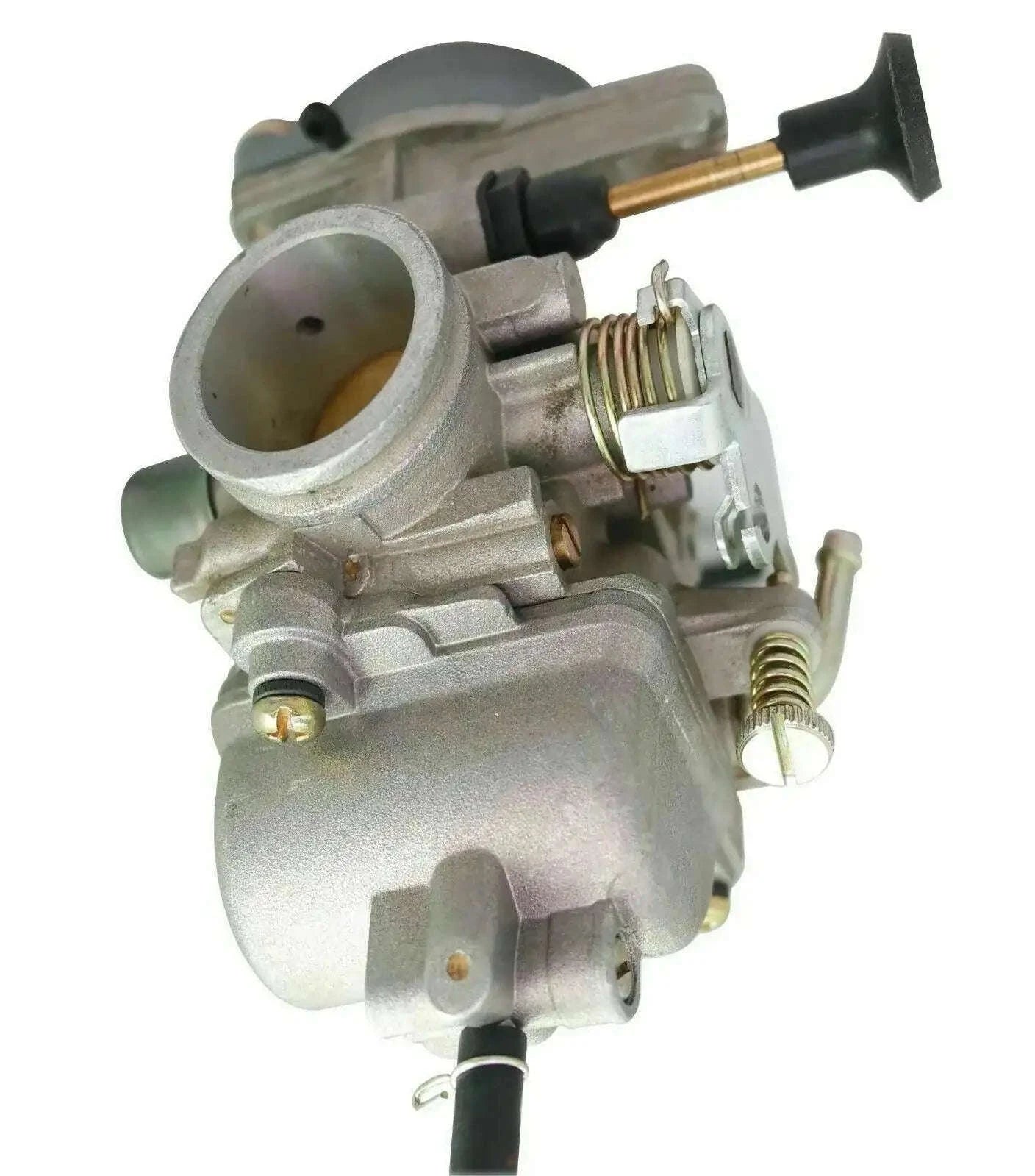 Carburettor assembly with metal body, brass springs, and attached intake pipe