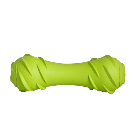 Rubber squeak barbell dog chew, lime green ridged rubber.