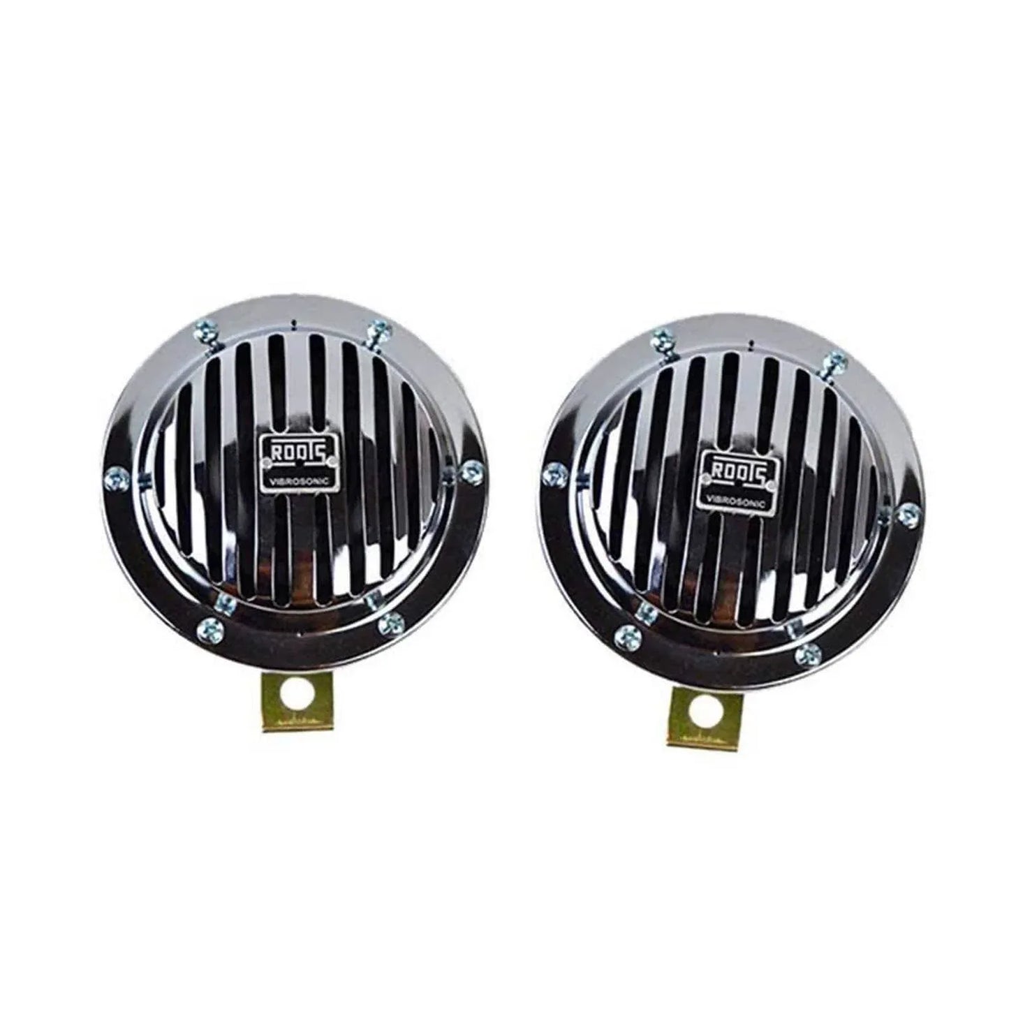 Chrome disc horn set for cars, durable metal construction, enhances vehicle sound and style