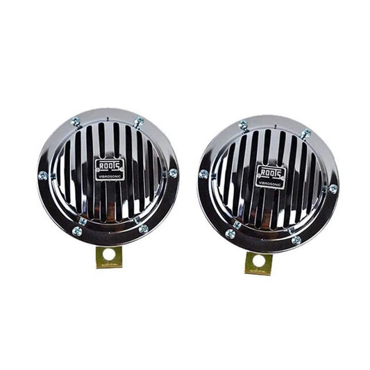 Chrome disc horns set, pair of round horns with black grill and mounting bracket