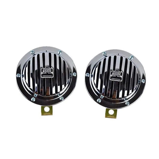 Chrome disc horns set, pair of round horns with black grill and mounting bracket