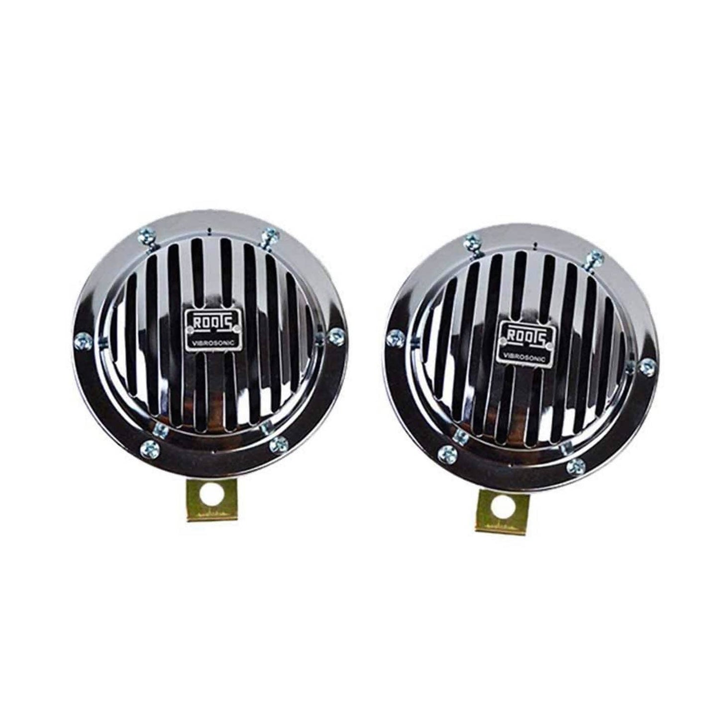 chrome disc horn set for cars featuring a sleek design with metal grill and dual tone