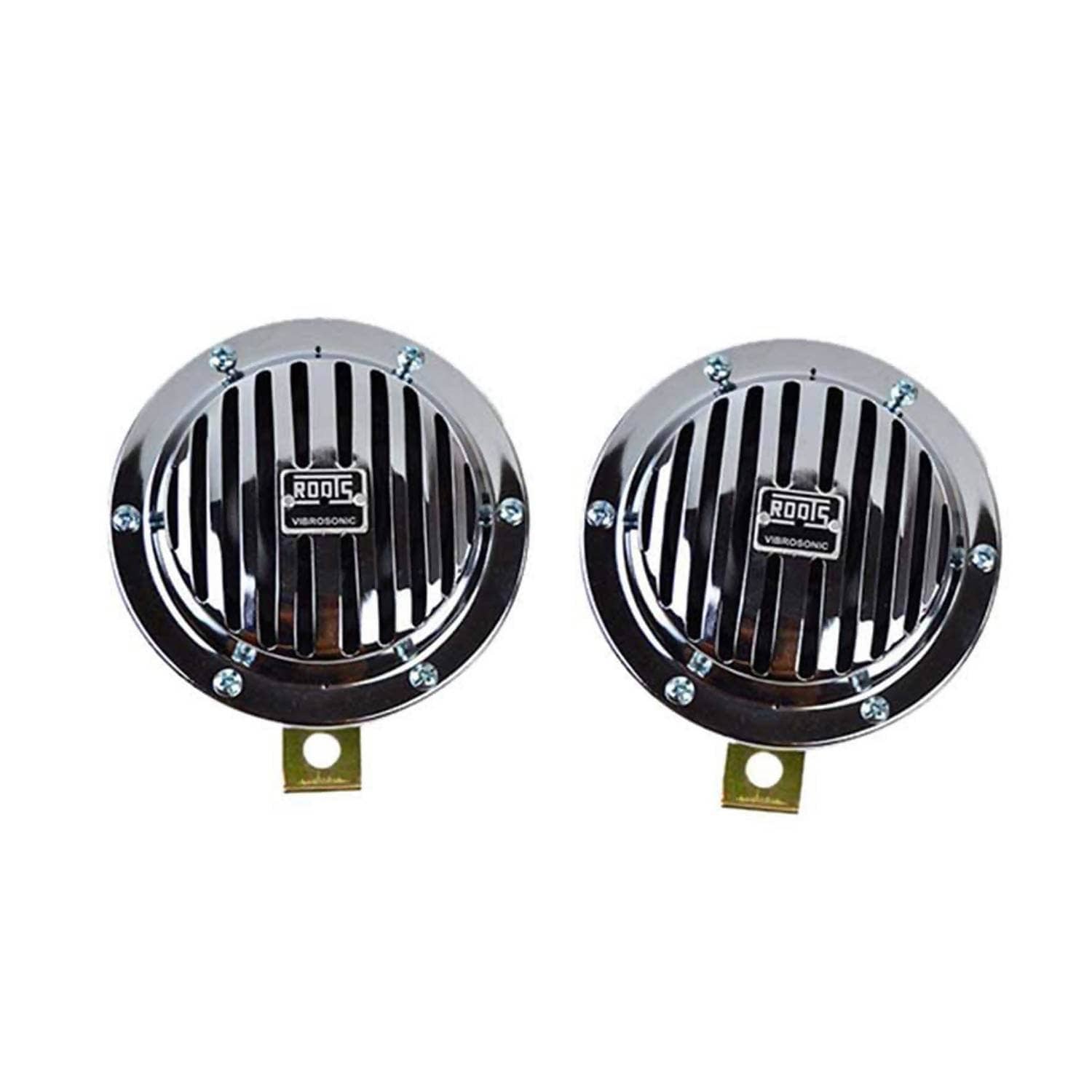 chrome disc horn set for cars featuring a sleek design with metal grill and dual tone