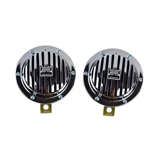 chrome disc horn set for cars featuring a sleek design with metal grill and dual tone