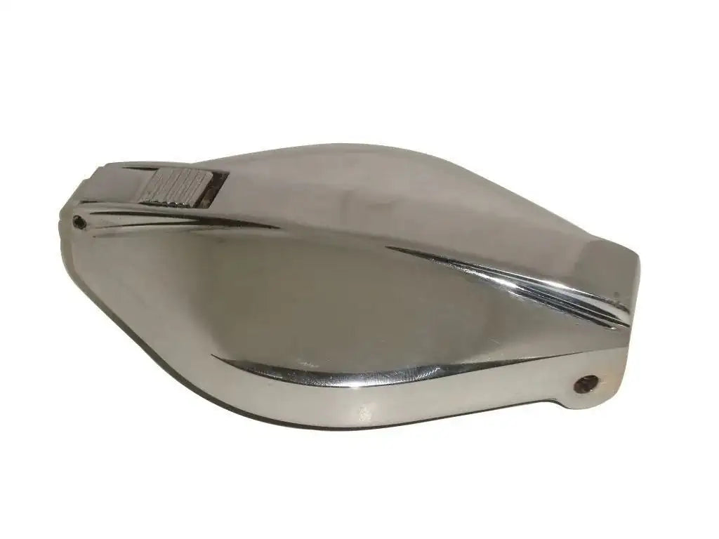 Chrome hinged flip-up fuel tank cap with latch detail
