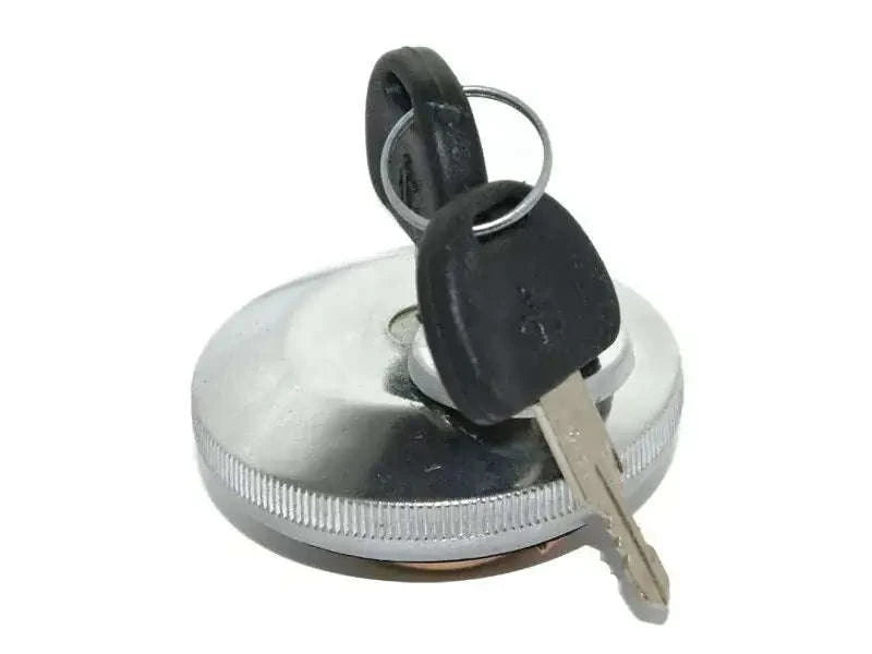 Chrome fuel tank cap with lock tab and metal key, black key head