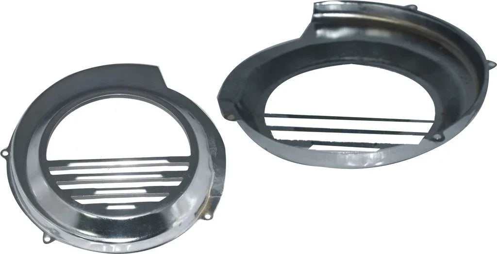 Scooter flywheel fan cowling cover, dark metal, two-piece view with grille openings