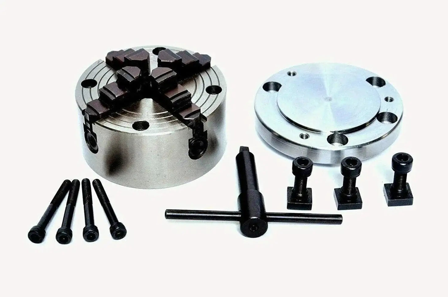 4-jaw independent lathe chuck with front-mount plate and mounting bolts
