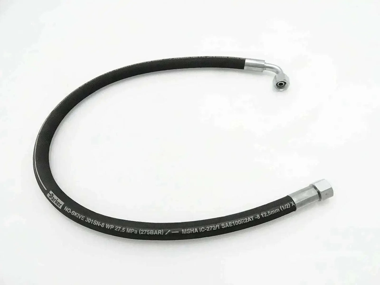 Black hydraulic hose with metal swivel fitting and short end connector