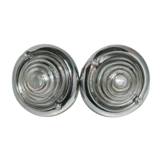 CJ3b clear glass lights, round chrome housing with a polished finish, designed for classic vehicle restoration