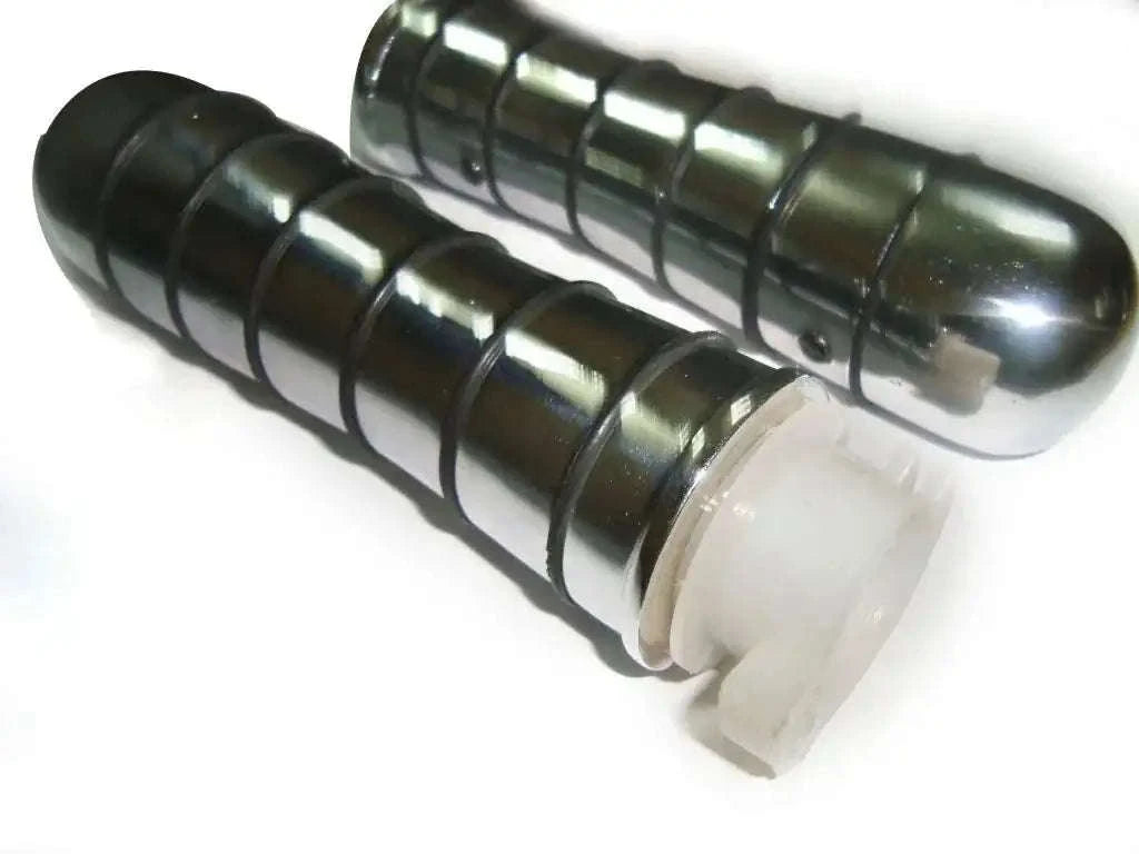 Motorcycle handlebar grips set, black rubber with chrome end caps
