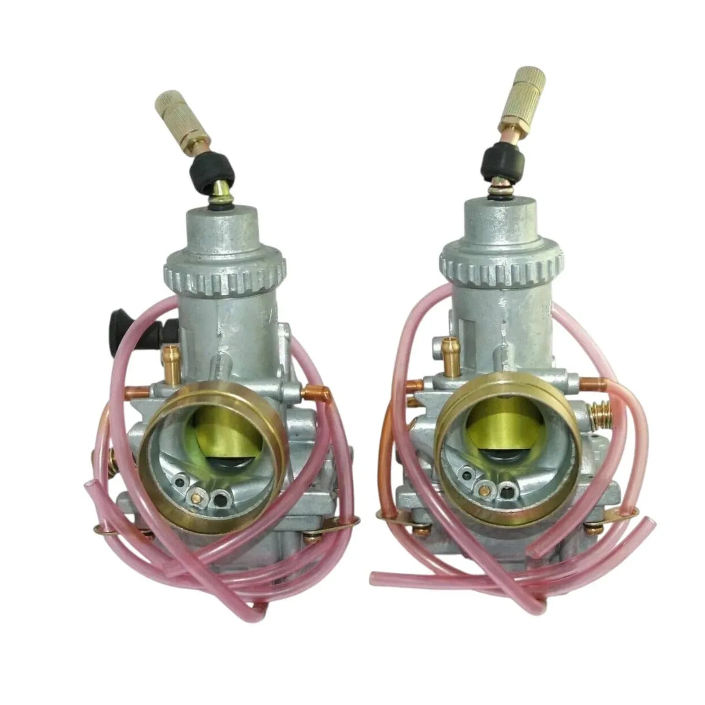 Carburetor assemblies with brass intakes, pink hoses, and black choke knobs, front view