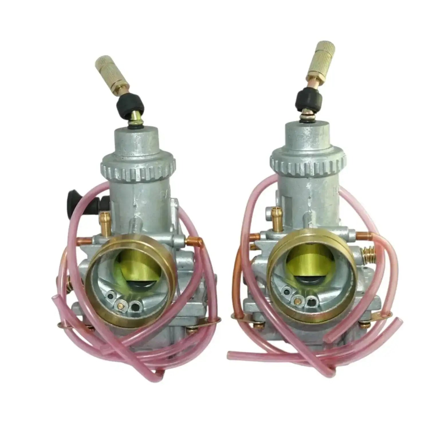 Carburetor assemblies with brass intakes, pink hoses, and black choke knobs, front view
