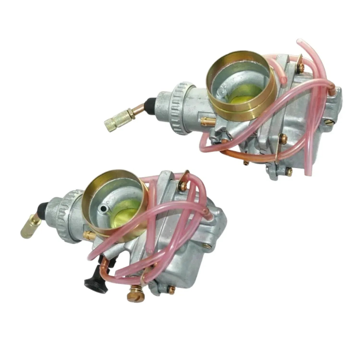 Two carburetor assemblies side view with gold intake caps and pink fuel hoses