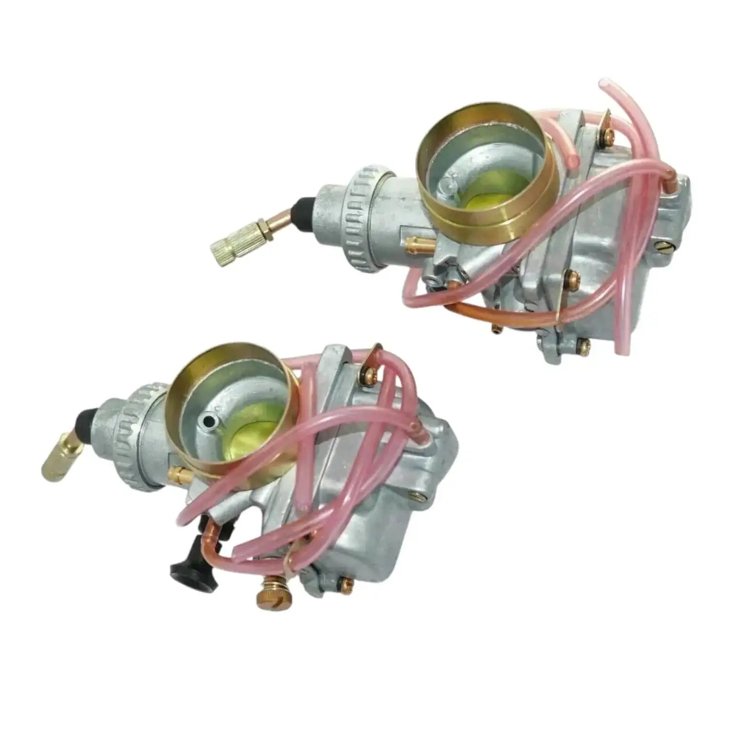 Two carburetor assemblies side view with gold intake caps and pink fuel hoses