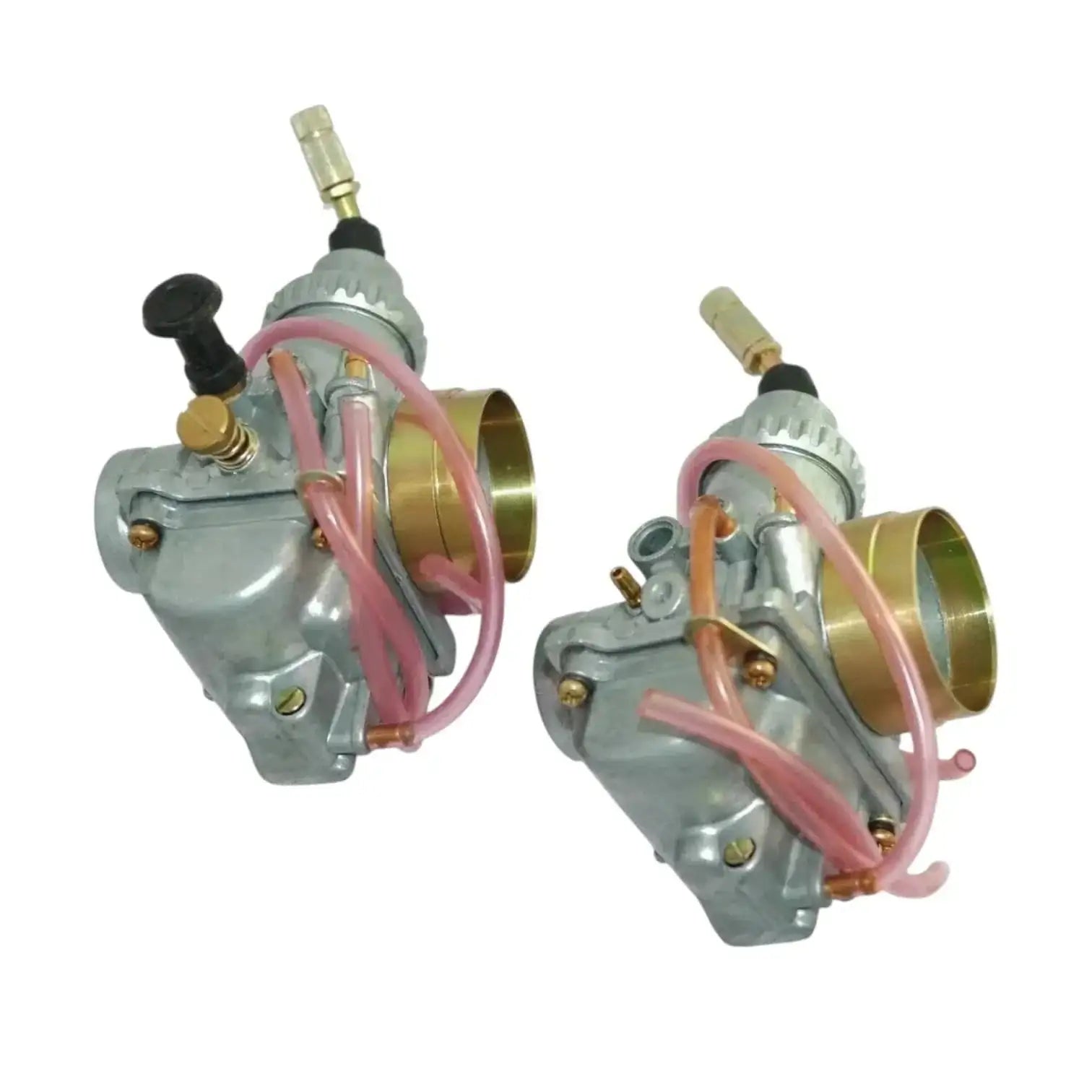 Carburetor assemblies with gold intake trumpets and pink wiring harness, angled view