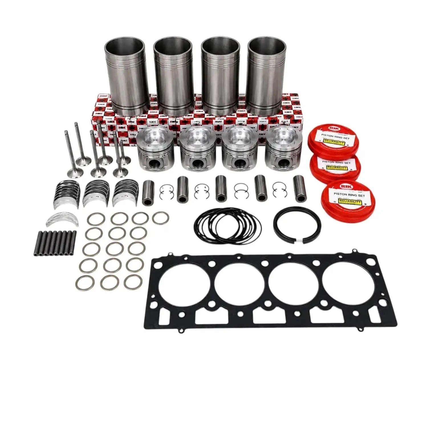 Complete engine overhaul kit for Mahindra tractor, including pistons, cylinders, gaskets, and seals