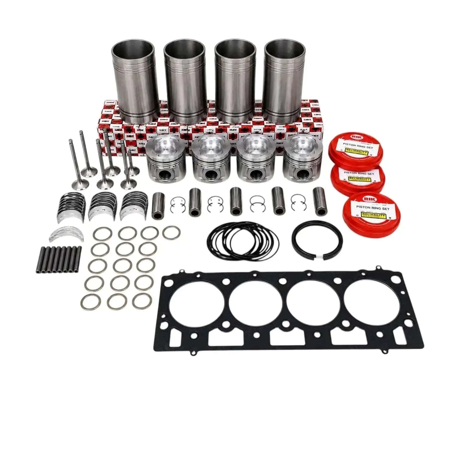 Complete engine overhaul kit for Mahindra tractor, including pistons, cylinders, gaskets, and seals
