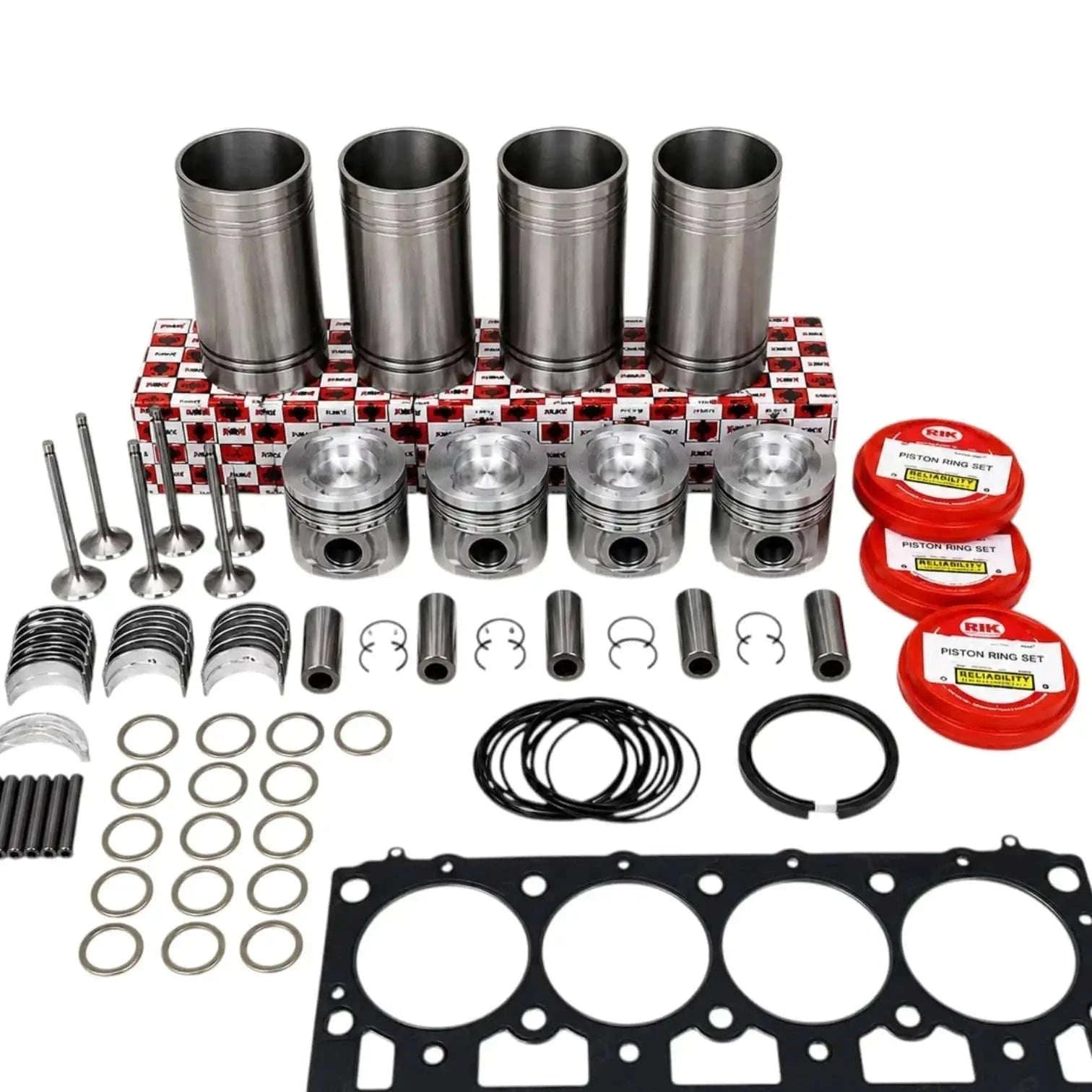 Complete Engine Overhaul Kit for Mahindra Tractor, includes pistons, cylinders, gaskets, and seals