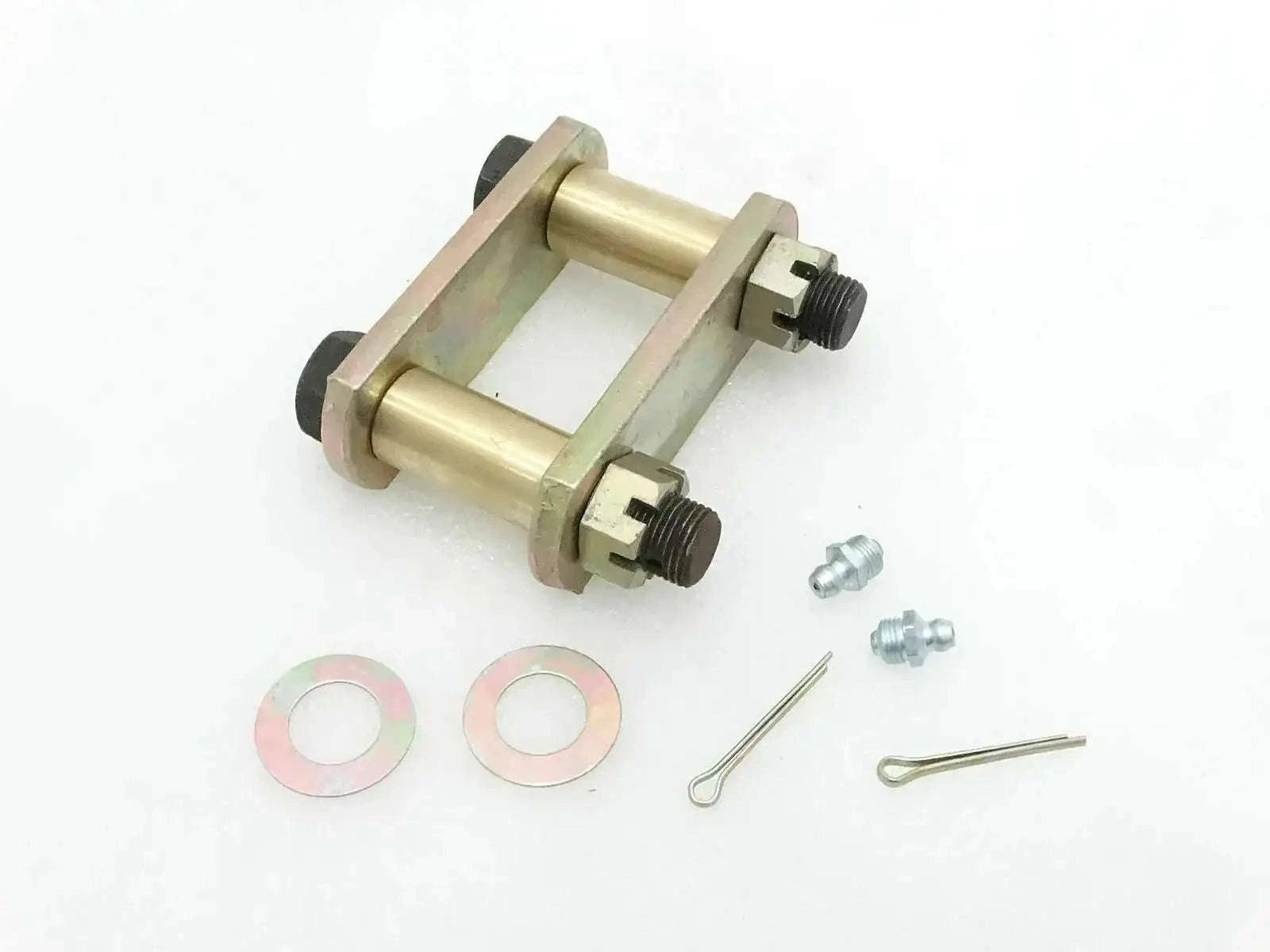 Front leaf spring shackle kit: metal shackle, pins, washers, cotter clips