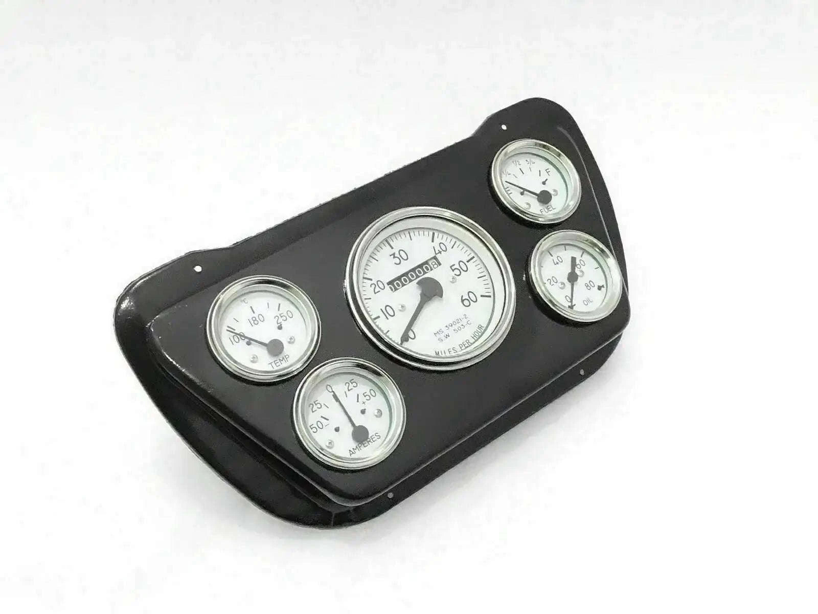 Black speedometer mounting plate with four white-faced gauges