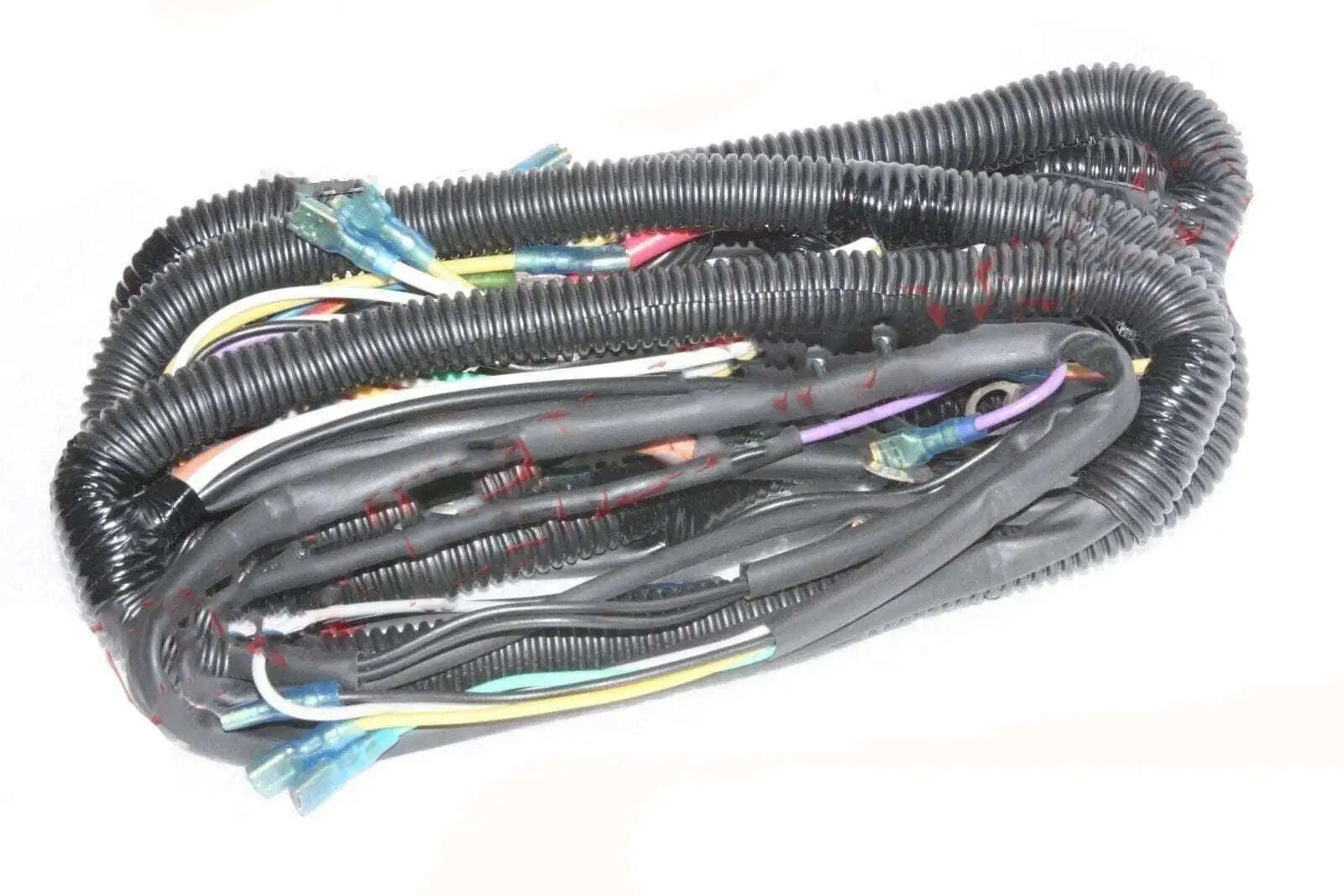 Wiring harness loom assembly with bundled wires and black corrugated conduit