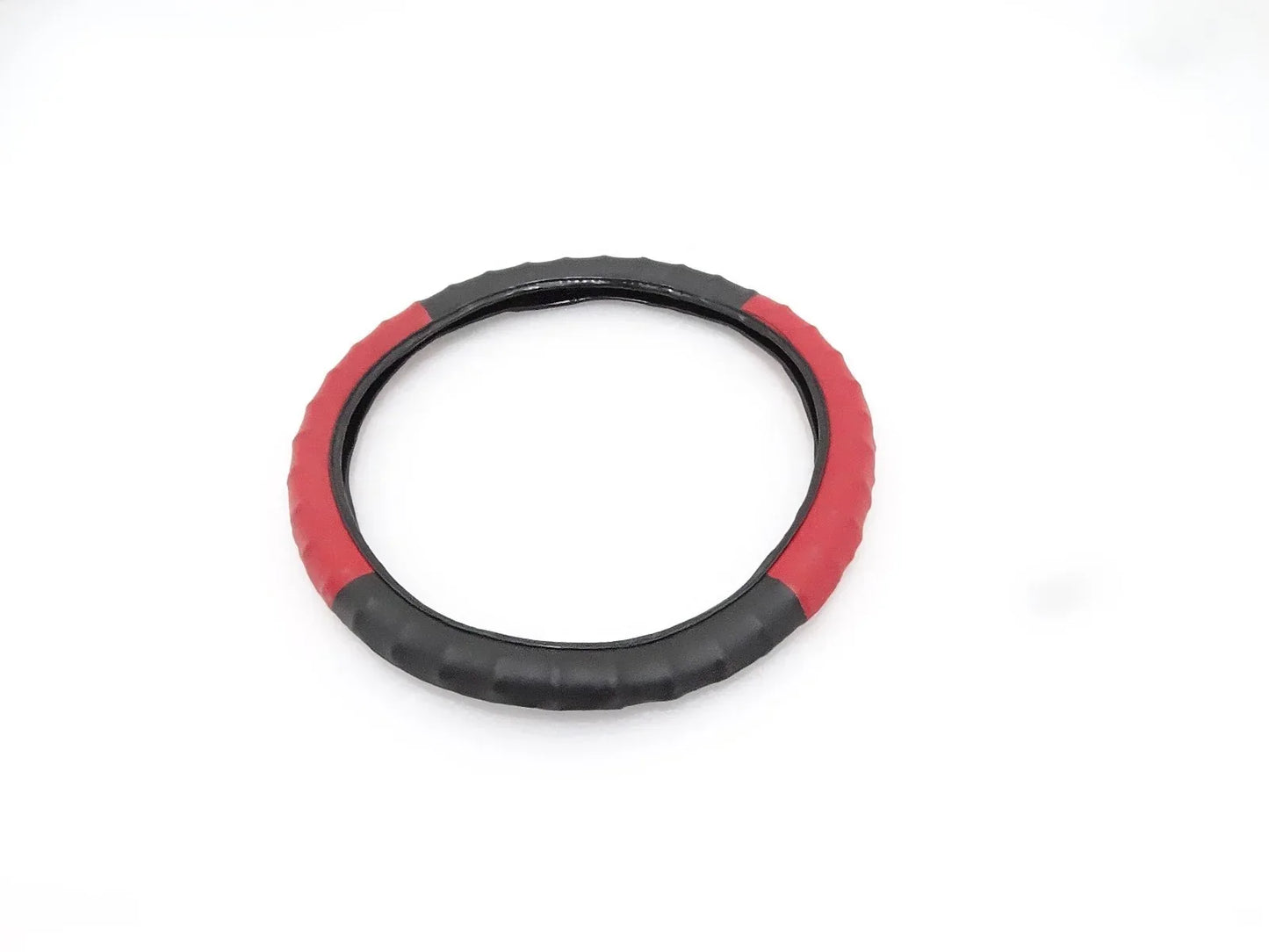 Rubber steering wheel cover with red outer band and black grip
