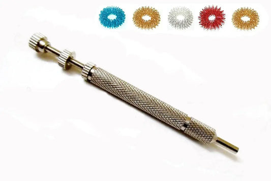 Hand acupuncture needle injector with spring-loaded metal tip and textured grip handle