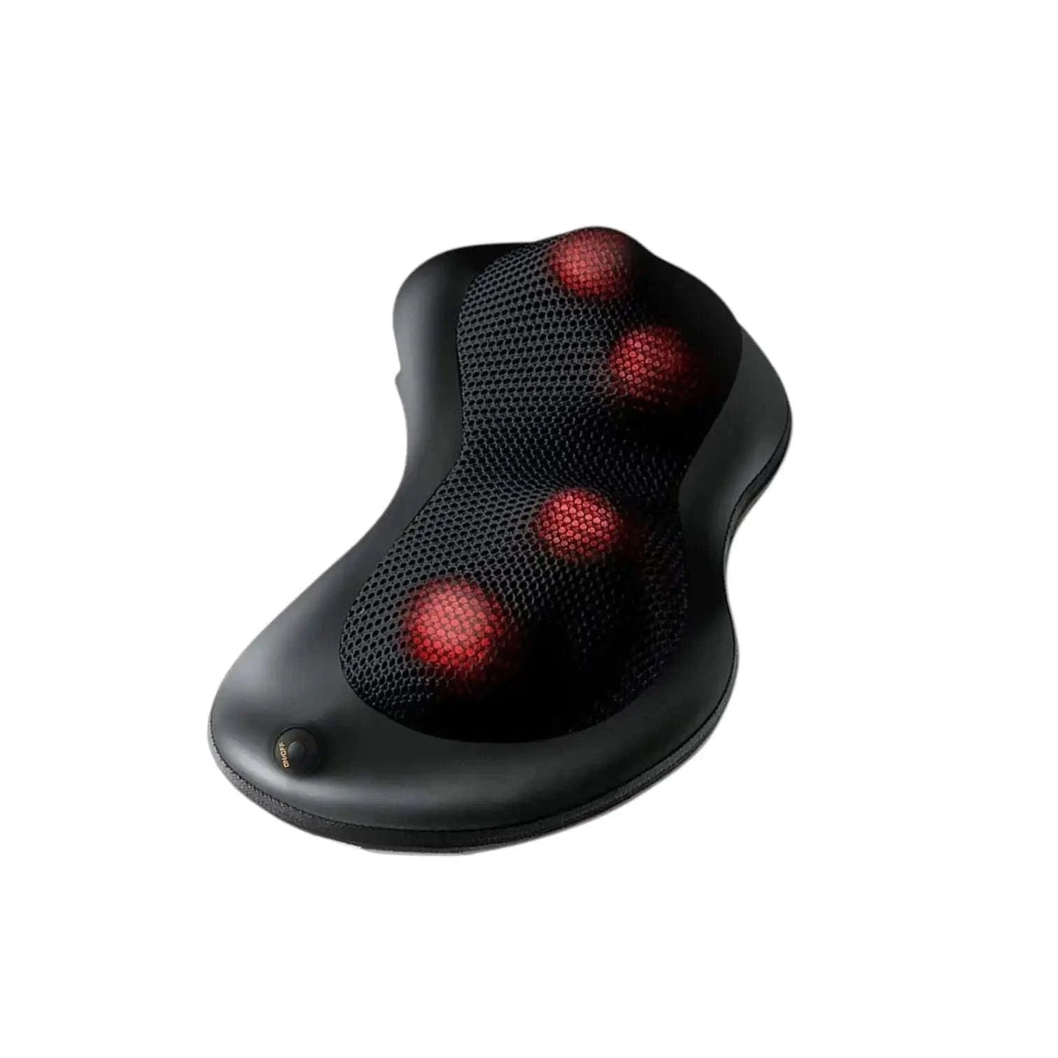 Curved black shiatsu massage cushion with mesh front and red glowing node circles