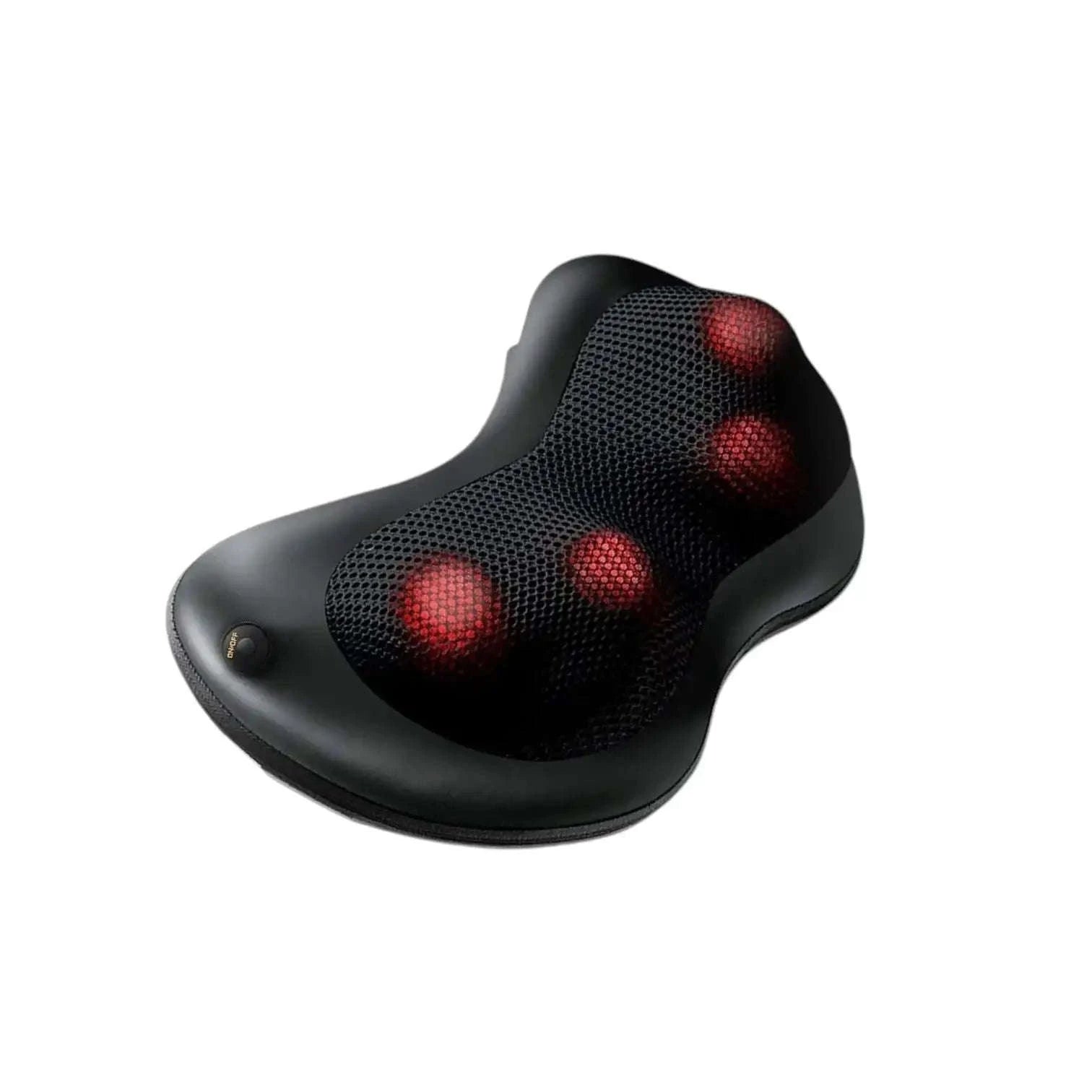Curved black shiatsu massage cushion with mesh front and multiple red glowing nodes
