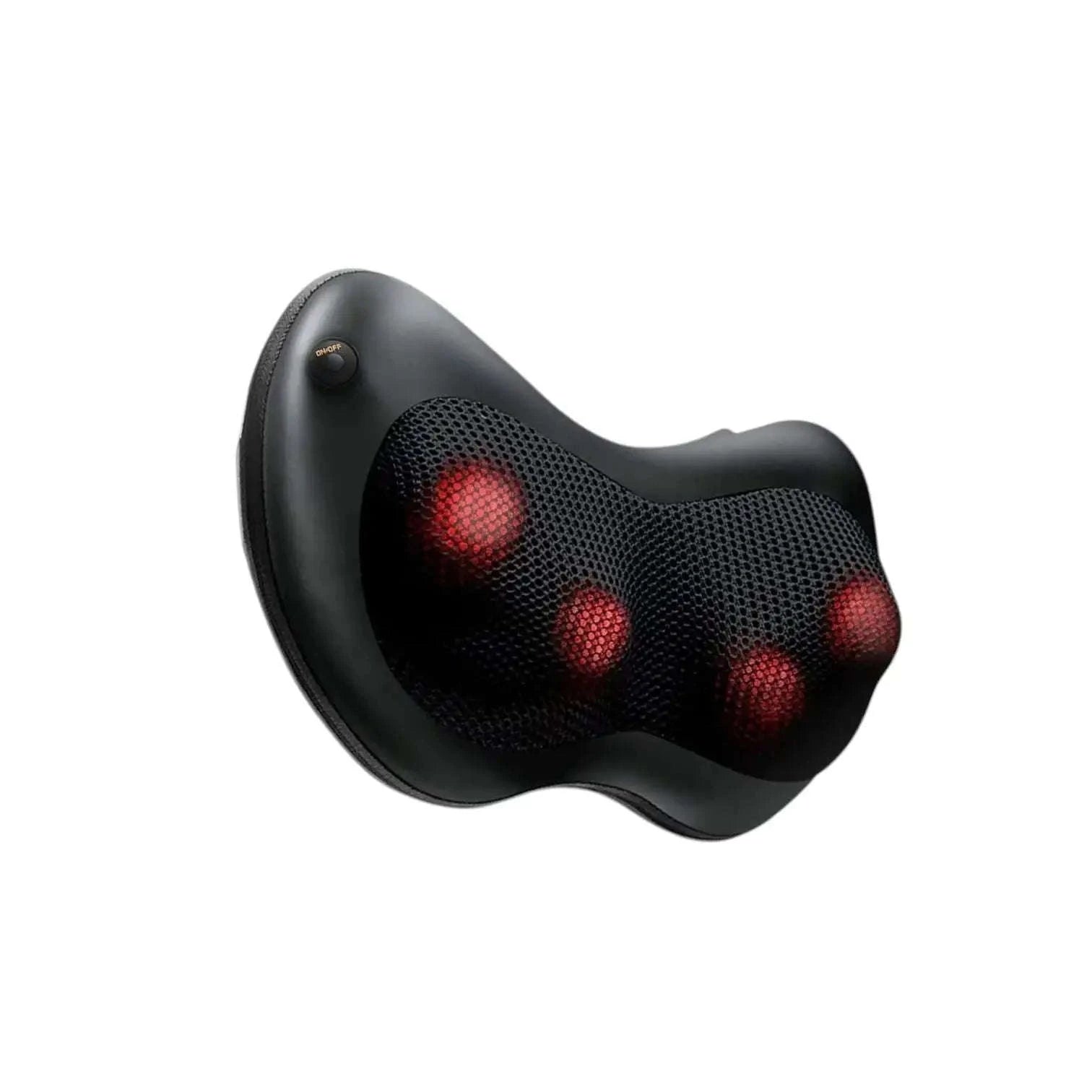 Curved black shiatsu massage cushion with mesh front and red glowing nodes