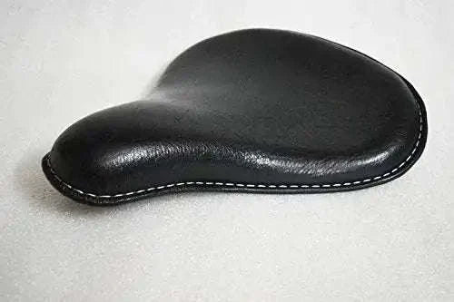 Black leather motorcycle seat with white double-stitched edge and curved top