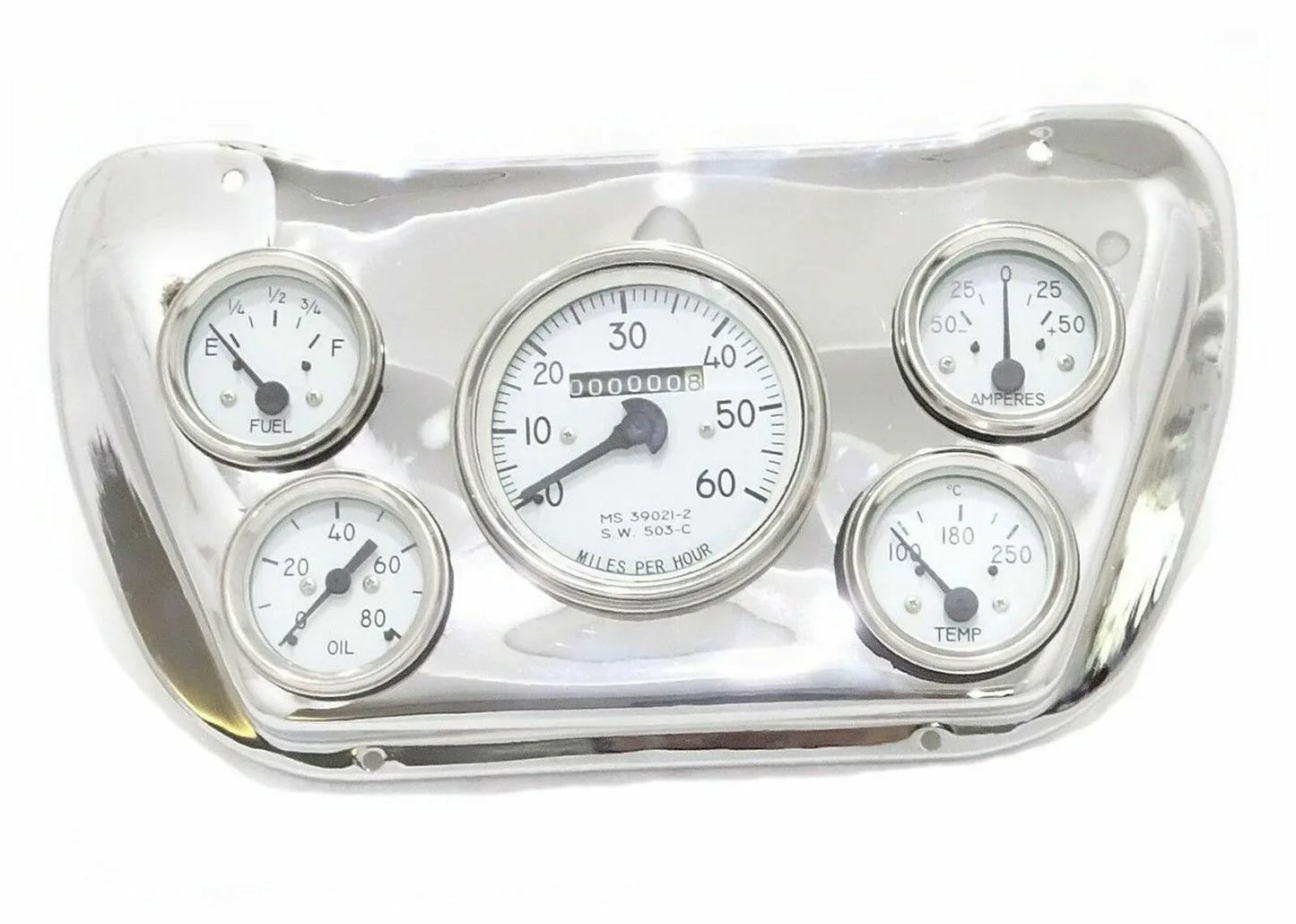 Chrome instrument gauge cluster with four round gauges and central speedometer-style dial