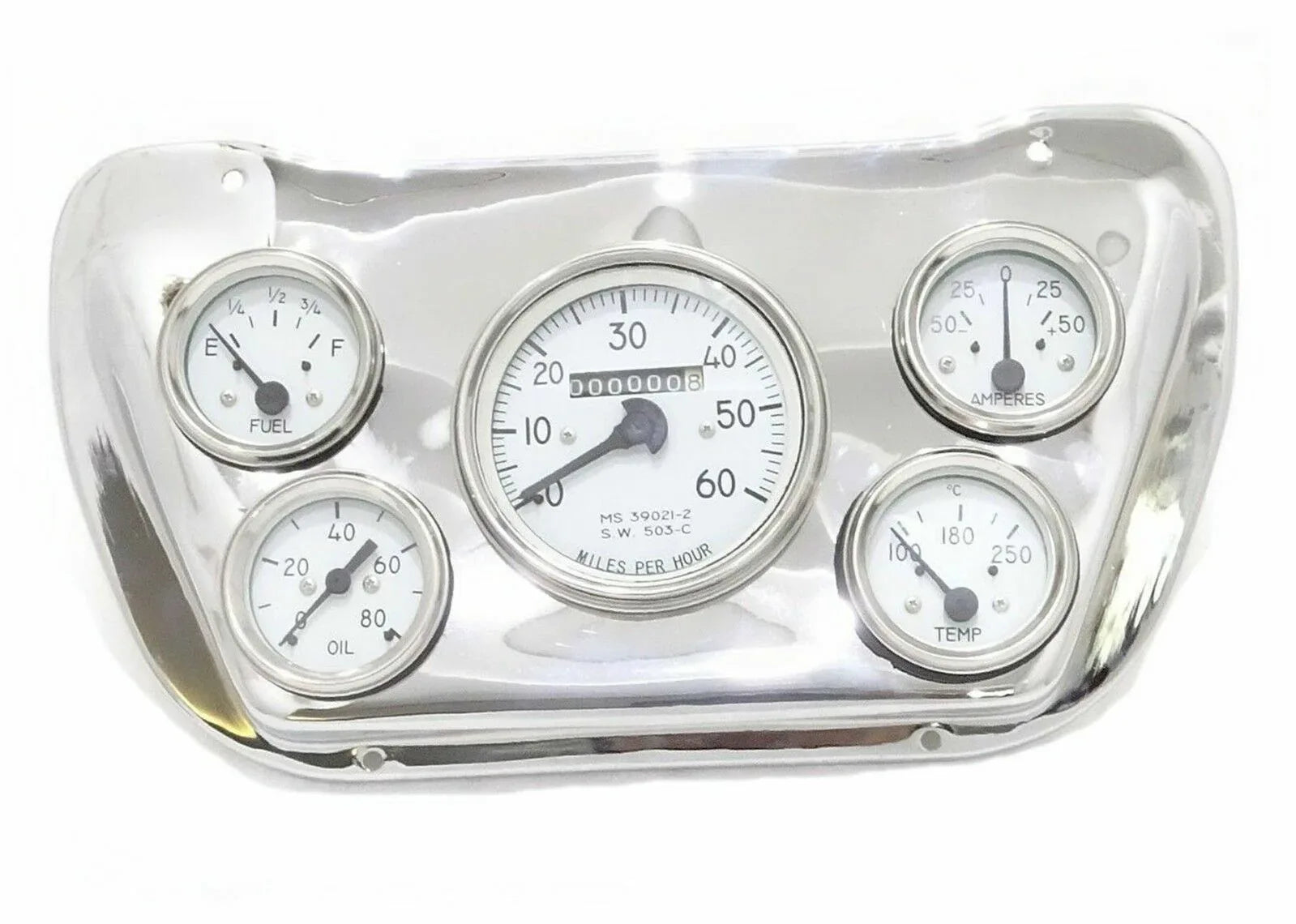 Chrome instrument gauge cluster with four round gauges and central speedometer-style dial