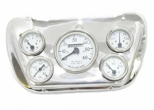 Chrome instrument gauge cluster with four round gauges and central speedometer-style dial