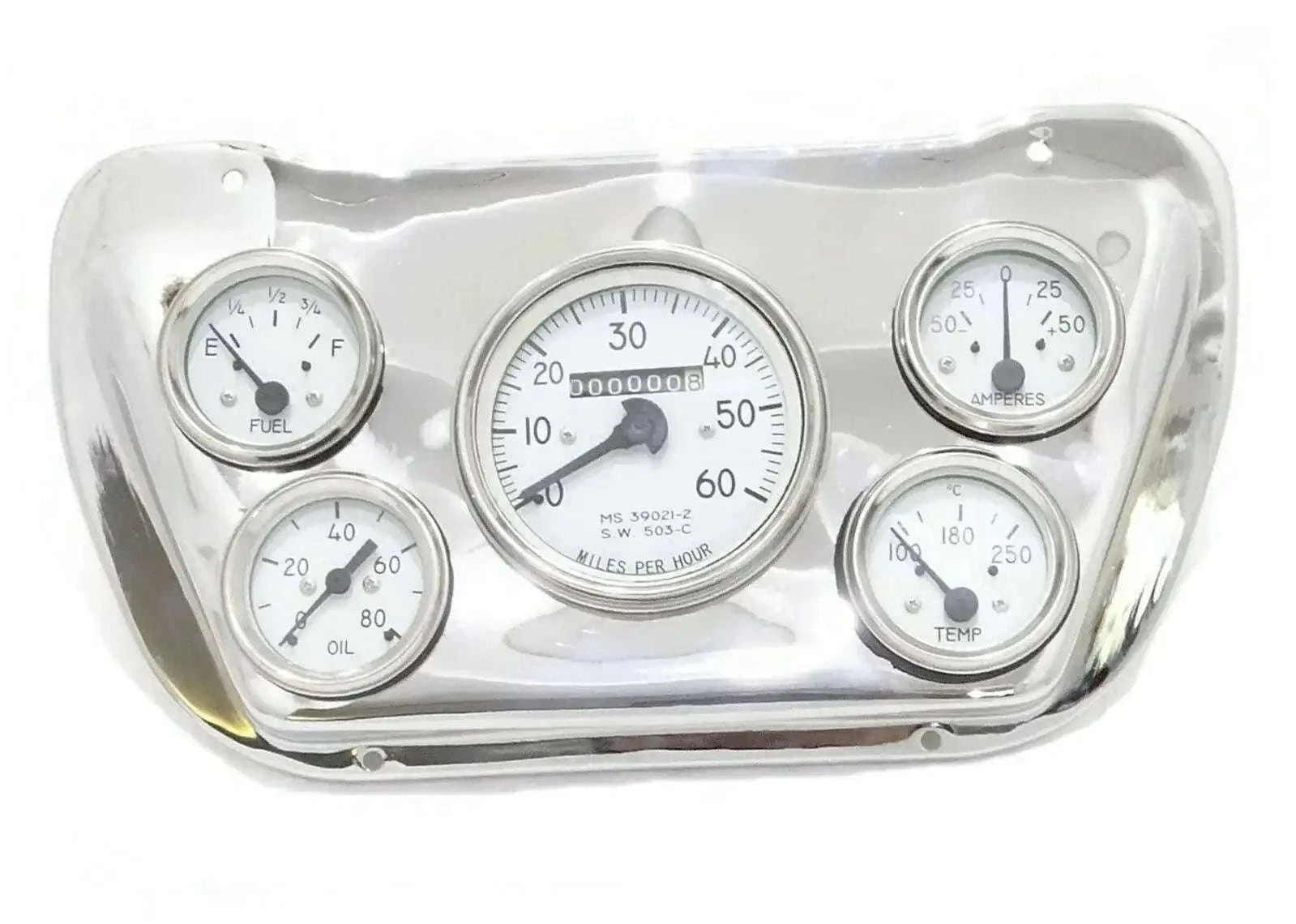 Chrome instrument gauge cluster with four round gauges and central speedometer-style dial