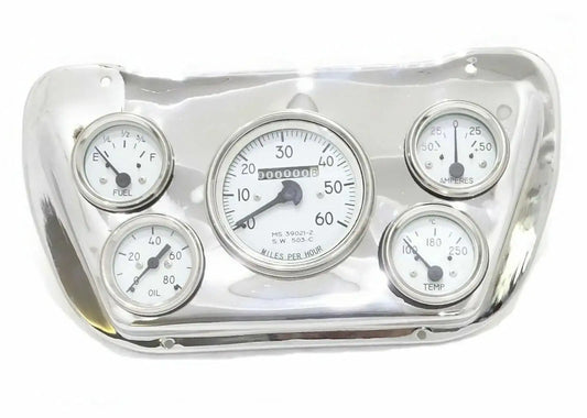 Chrome instrument gauge cluster with four round gauges and central speedometer-style dial