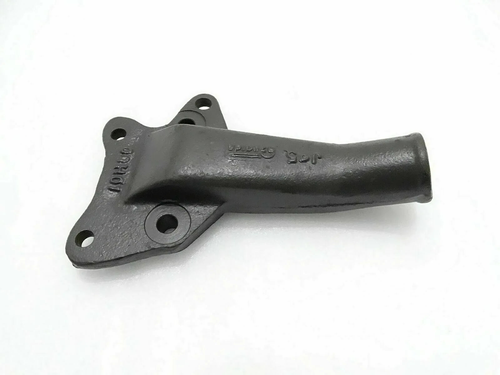 Cylinder head connection fitting, dark gray metal with mounting holes and pipe