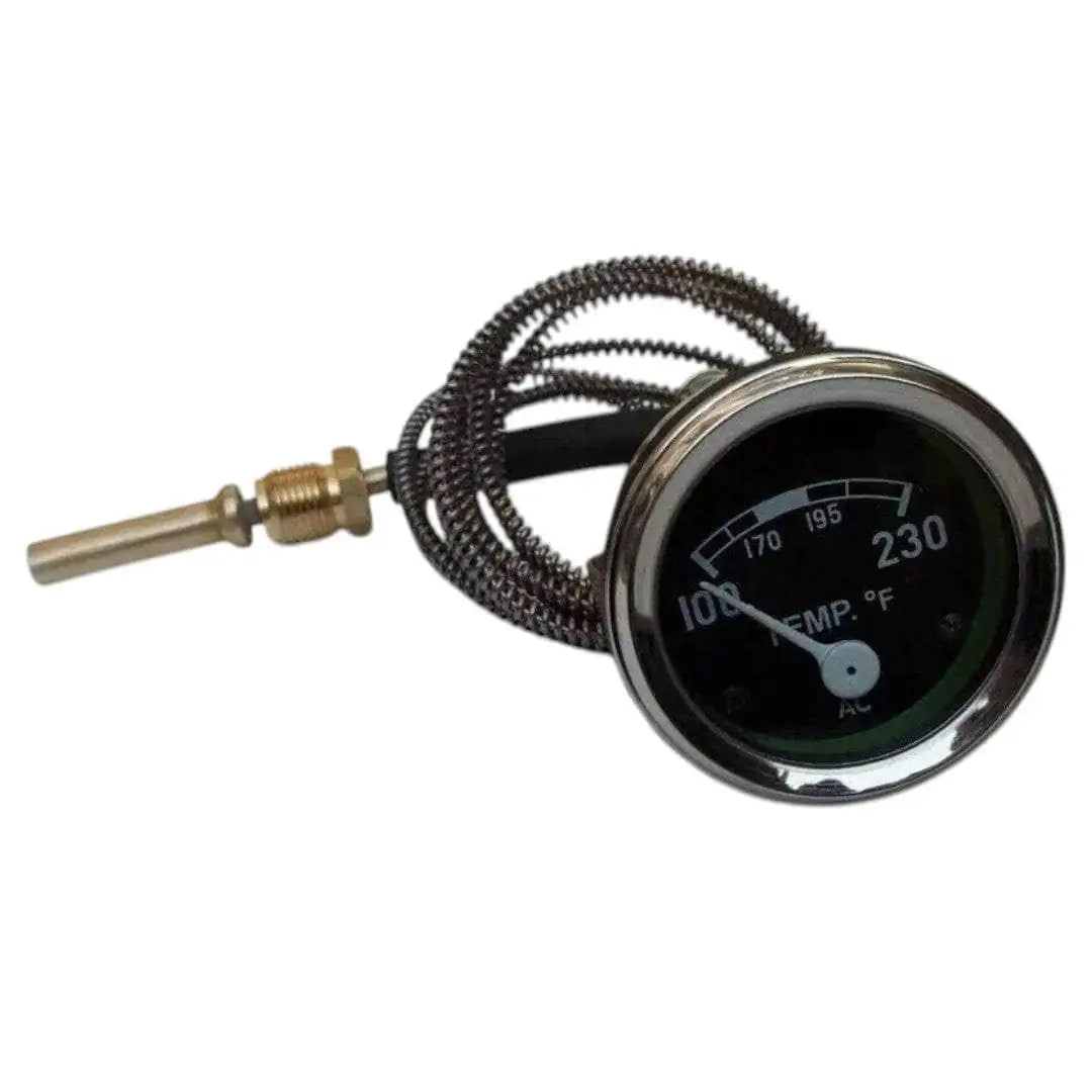 Mechanical water temperature gauge with black dial and chrome bezel, threaded probe and braided hose