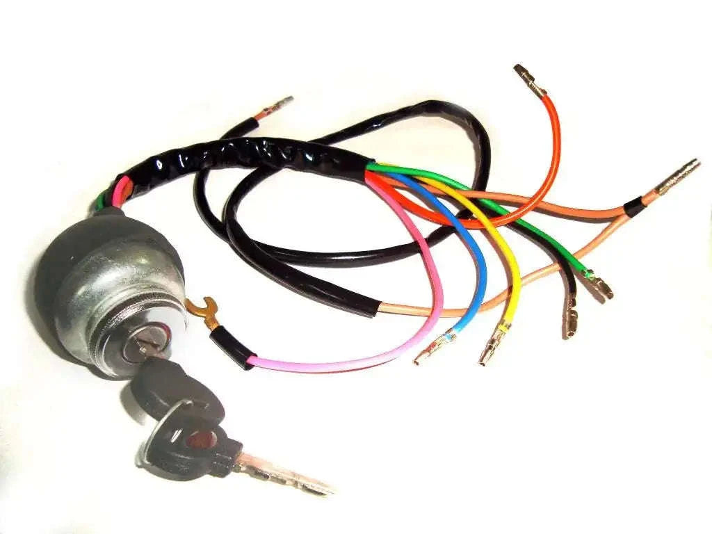 Ignition switch with stamped keys and multicolor wire harness, metal cylinder